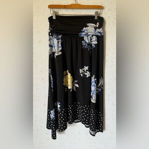 Apt. 9 Floral Black Handkerchief Skirt with Contrasting Polka Dots, Size XL